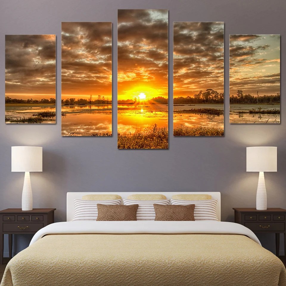 Sunrise Sunset On Water Framed 5 Piece Nature Canvas Wall Art Painting ...